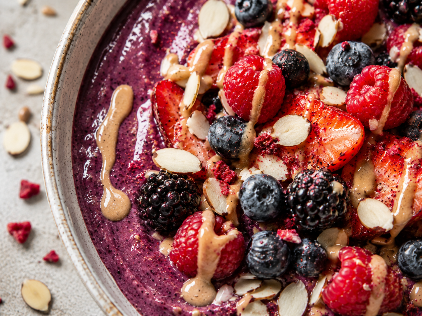 Almond Butter Berry Smoothie Bowl close up