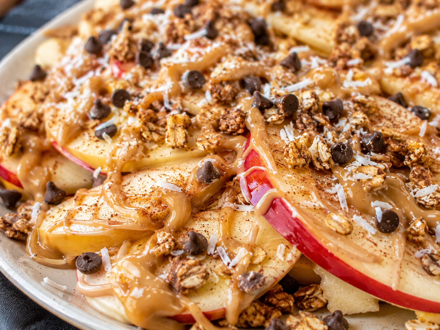 Apple Nachos with Peanut Butter close up