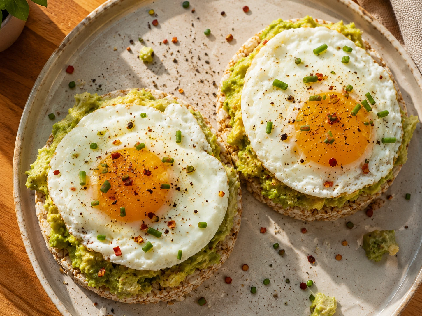 Avocado Egg Rice Cake Toast aerial view