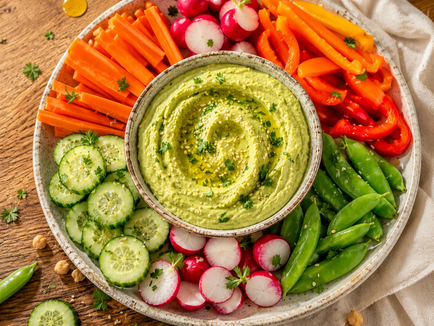 Avocado Hummus & Veggie Platter aerial view