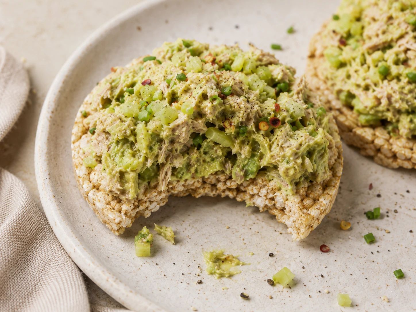 Avocado Tuna Rice Cake Snacks close up