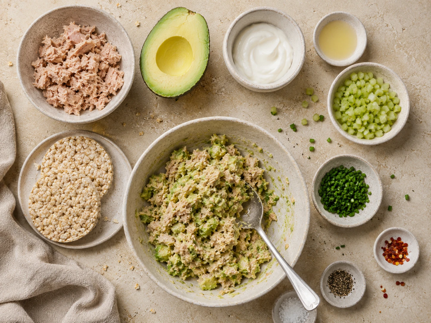 Avocado Tuna Rice Cake Snacks preparation