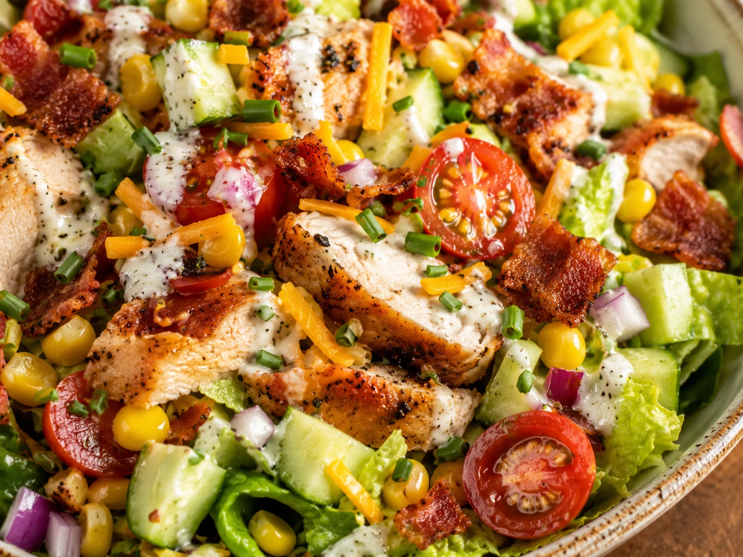 Bacon Ranch Chicken Chopped Salad close up