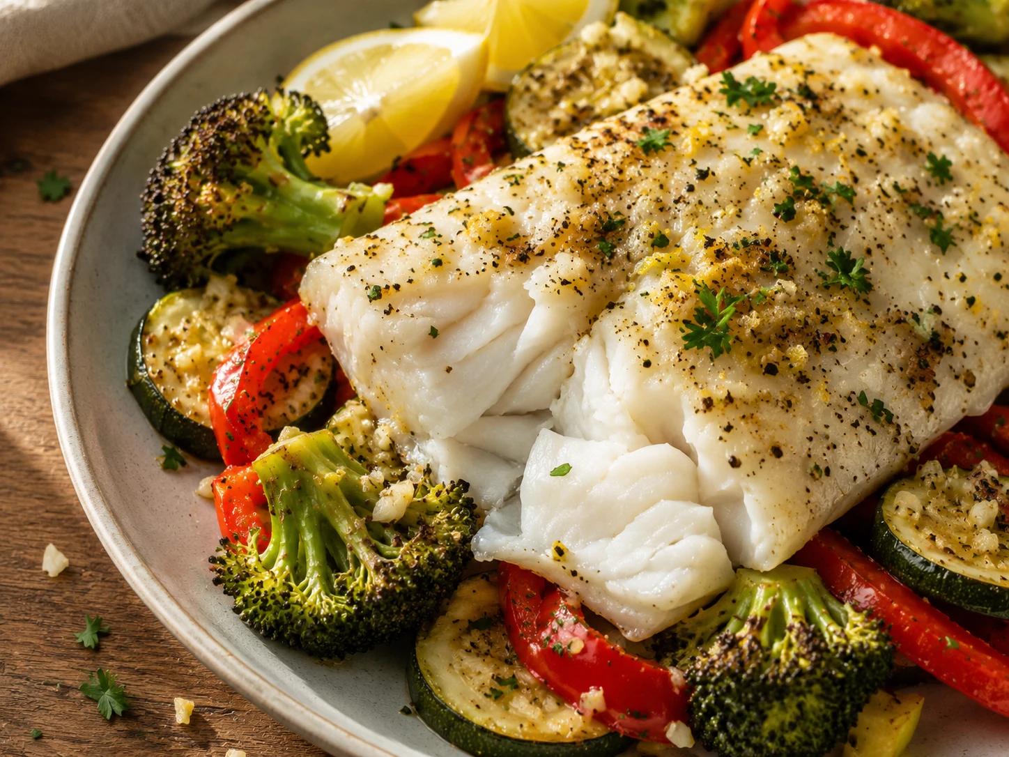 Baked Cod with Lemon Garlic Vegetables close up