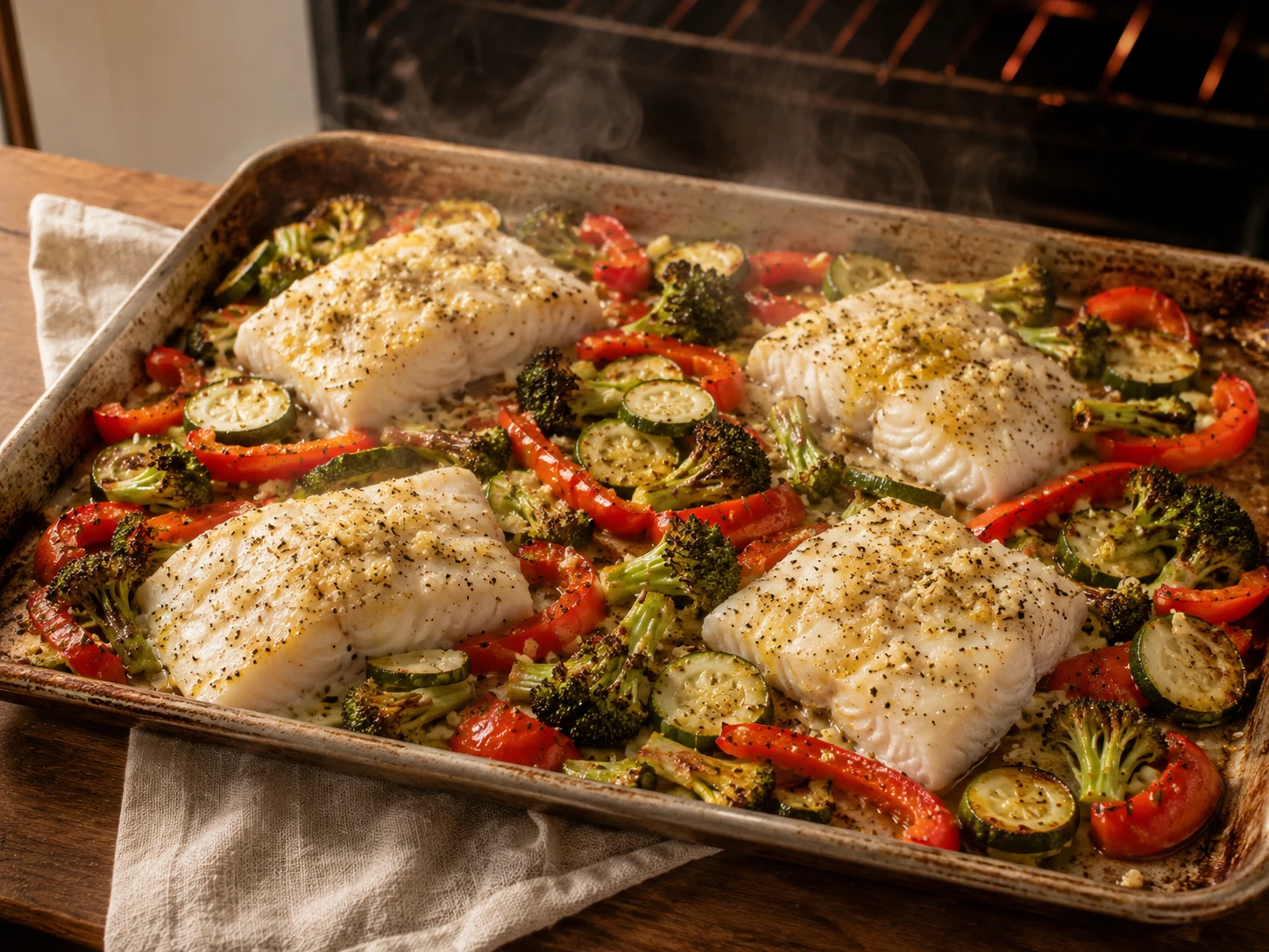 Baked Cod with Lemon Garlic Vegetables preparation