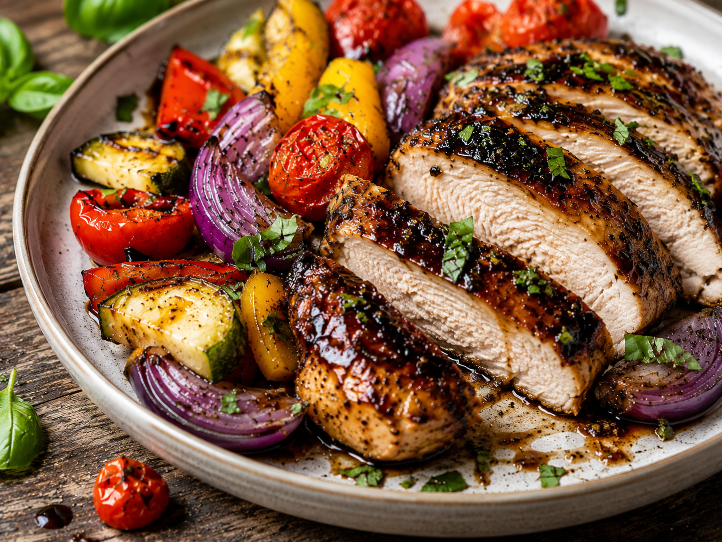 Balsamic Chicken with Roasted Vegetables close up