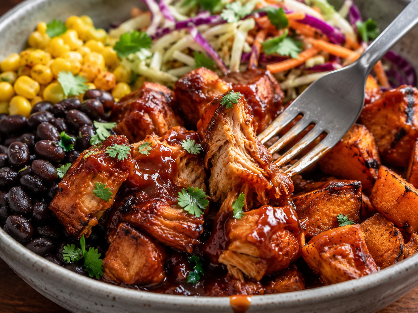 BBQ Chicken Sweet Potato Bowls with Crunchy Slaw close up