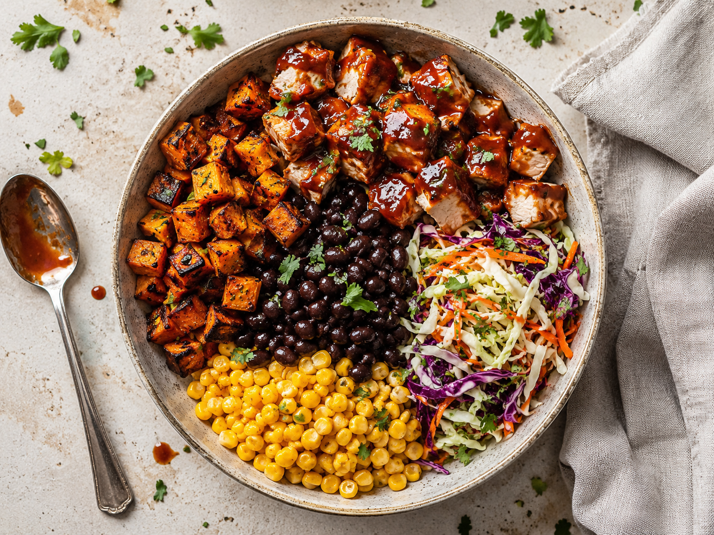 BBQ Chicken Sweet Potato Bowls with Crunchy Slaw