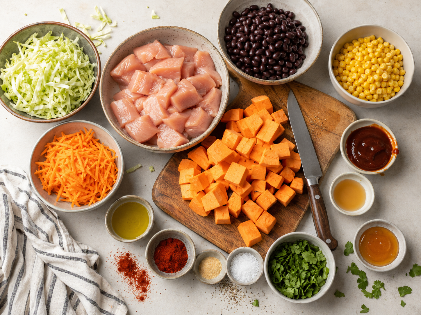BBQ Chicken Sweet Potato Bowls with Crunchy Slaw preparation