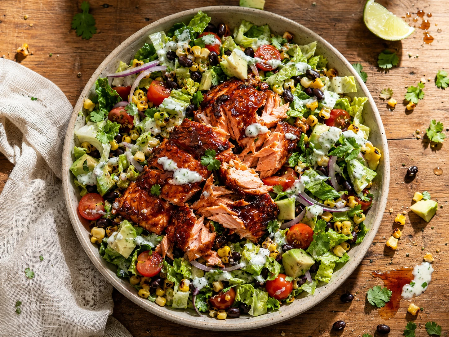 BBQ Salmon Avocado Salad aerial view