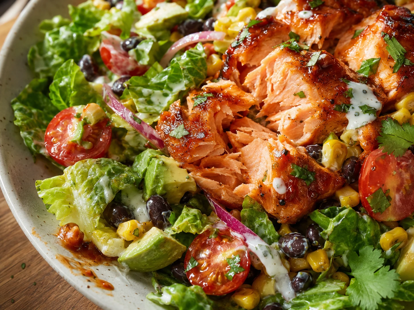 BBQ Salmon Avocado Salad close up