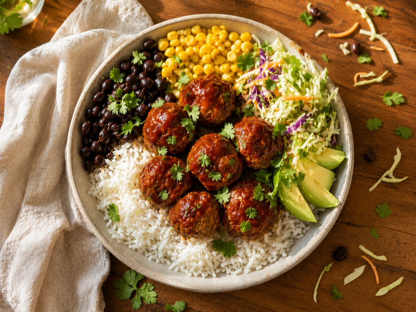BBQ Turkey Meatball Bowl aerial view