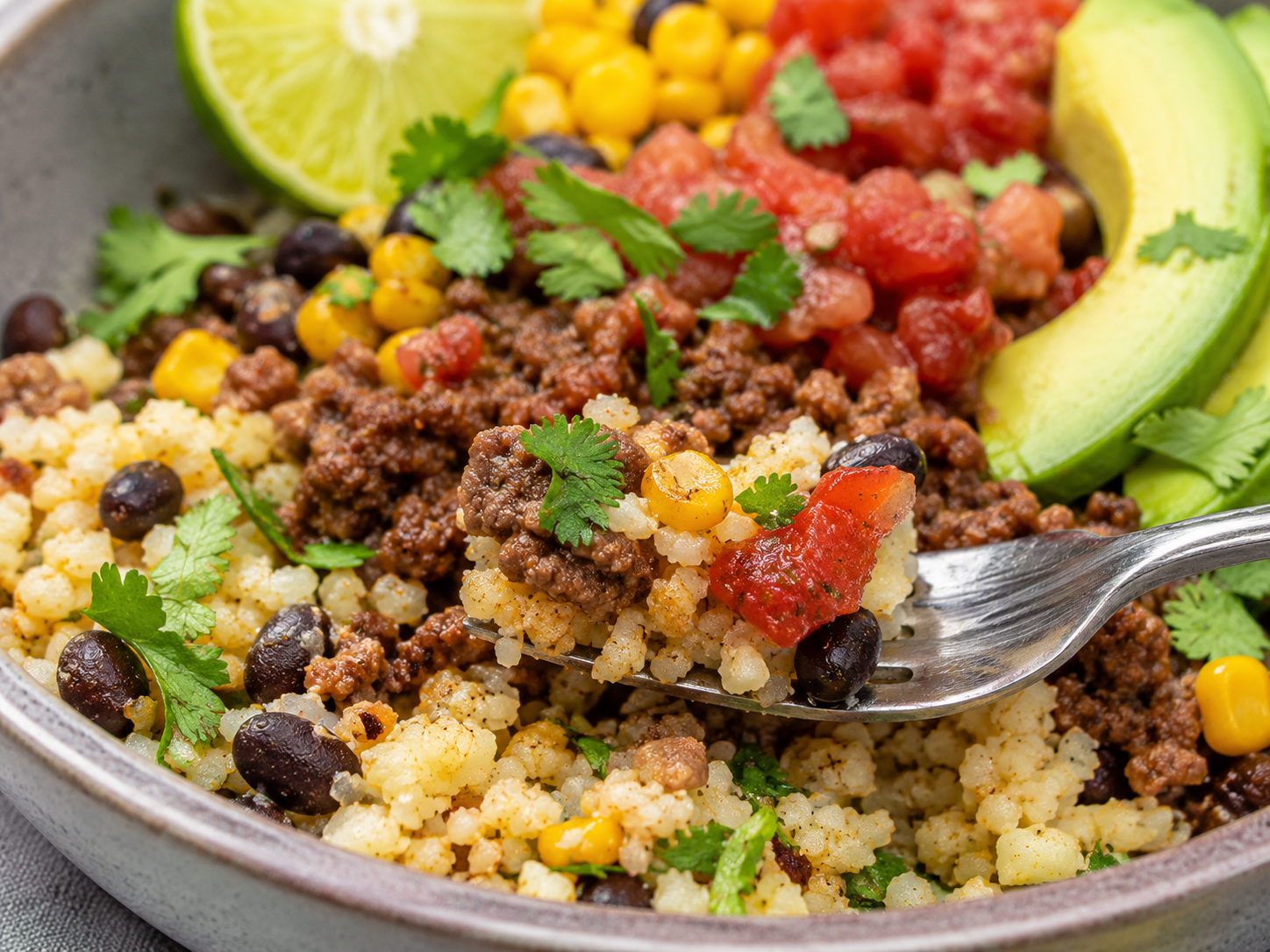 Beef Taco Cauliflower Rice Bowls close up