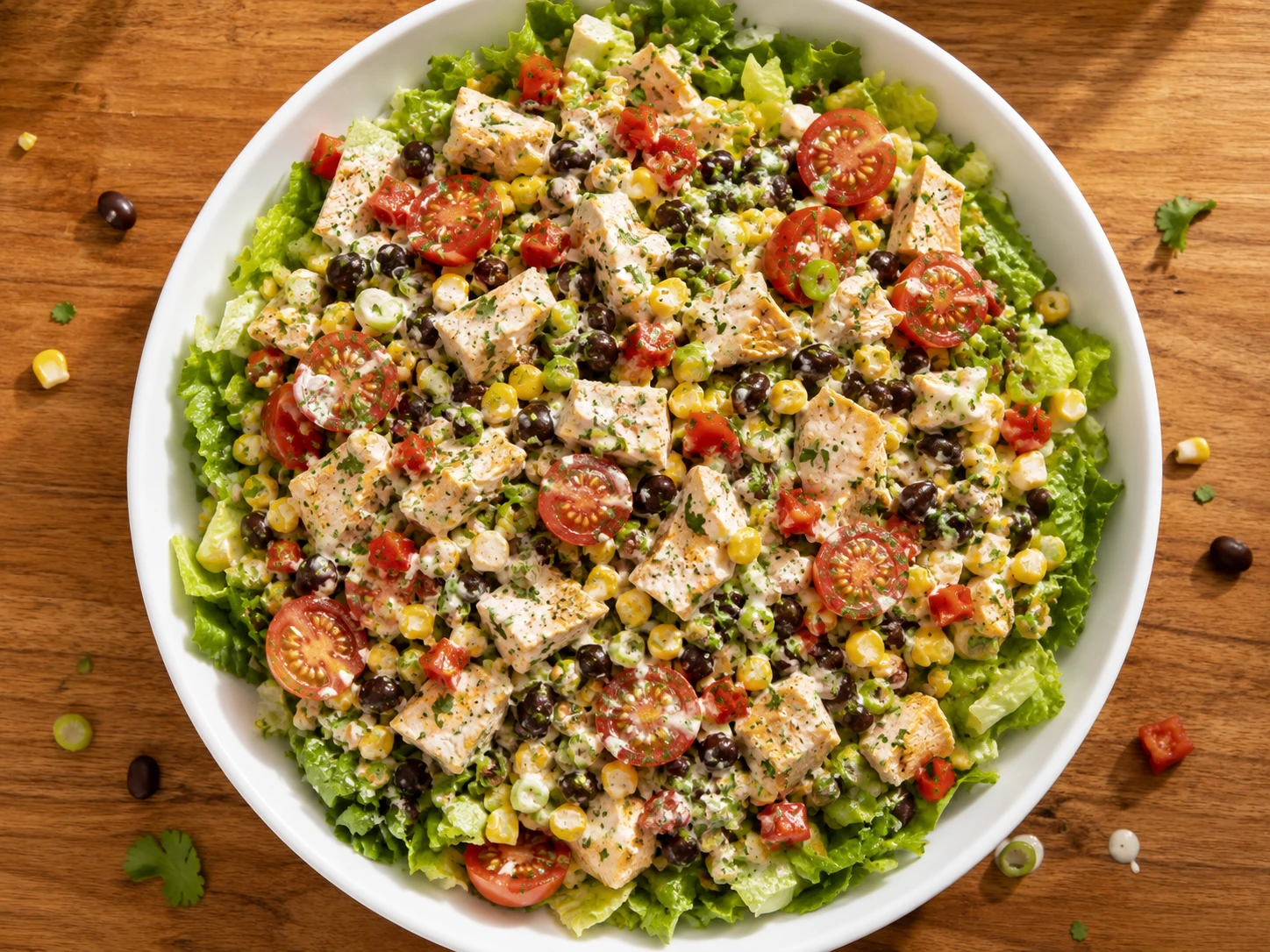 Black Bean Corn and Greek Yogurt Chicken Salad aerial view