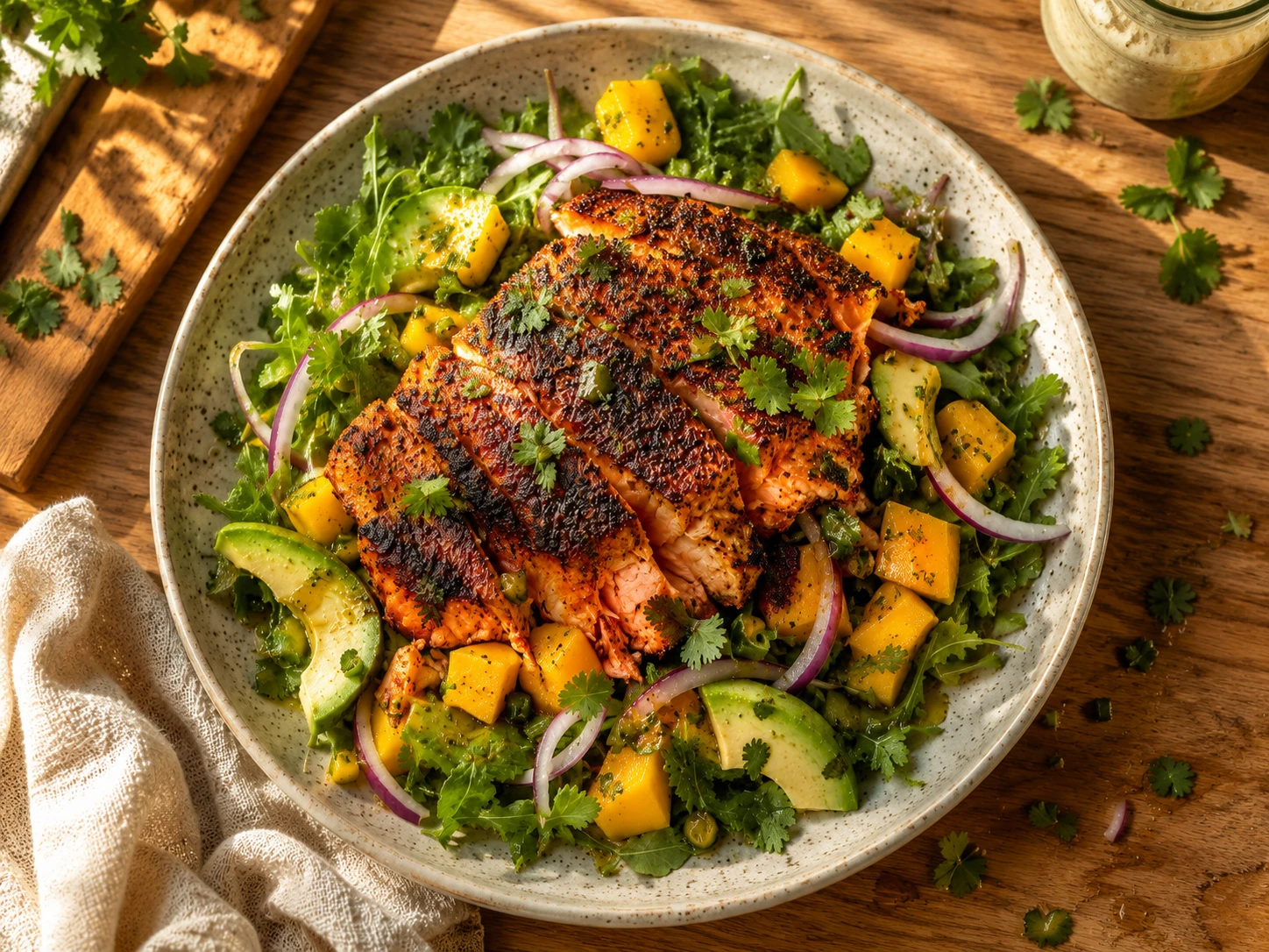 Blackened Salmon Mango Salad aerial view