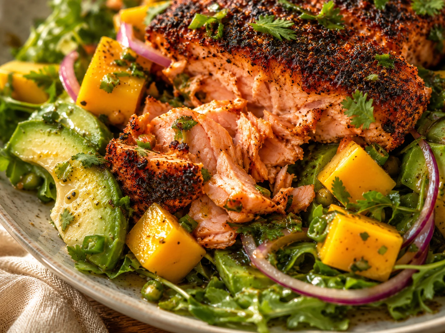 Blackened Salmon Mango Salad close up