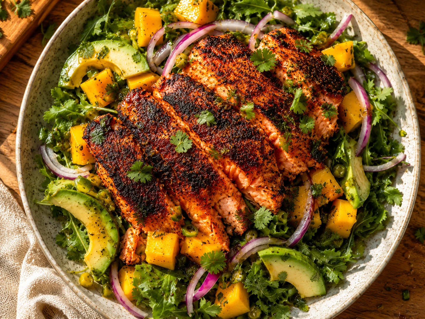Blackened Salmon Mango Salad preparation