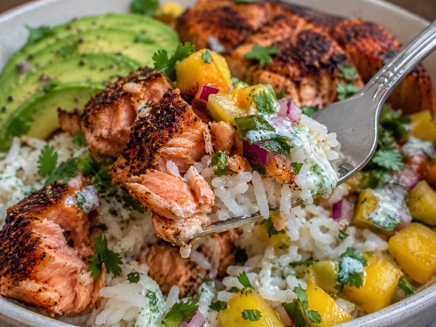 Blackened Salmon Rice Bowls close up