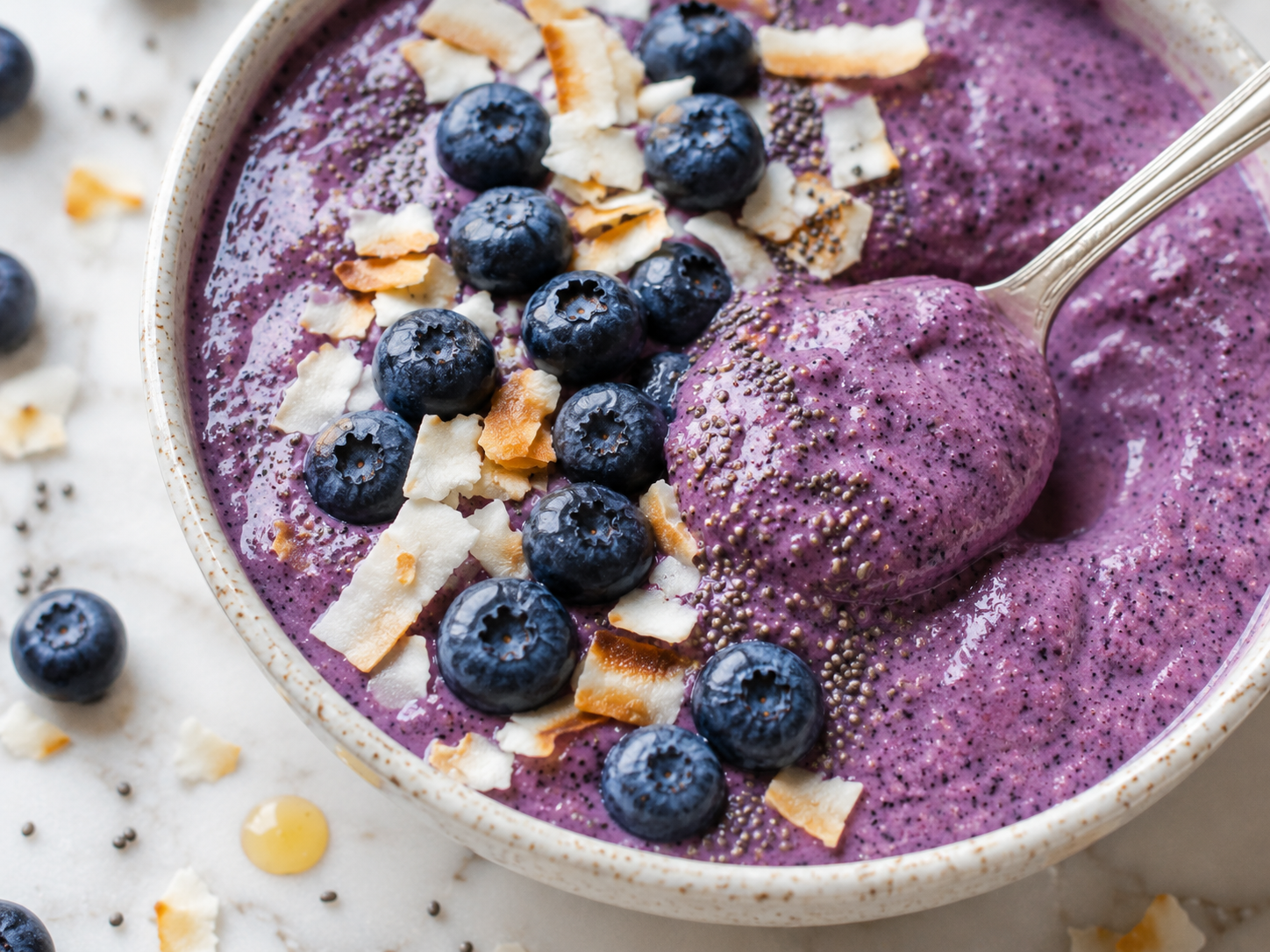 Blueberry Coconut Chia Smoothie Bowl close up