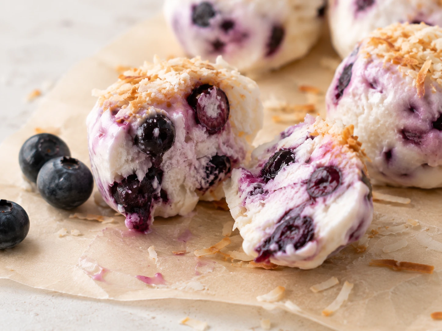 Blueberry Coconut Frozen Yogurt Bites close up