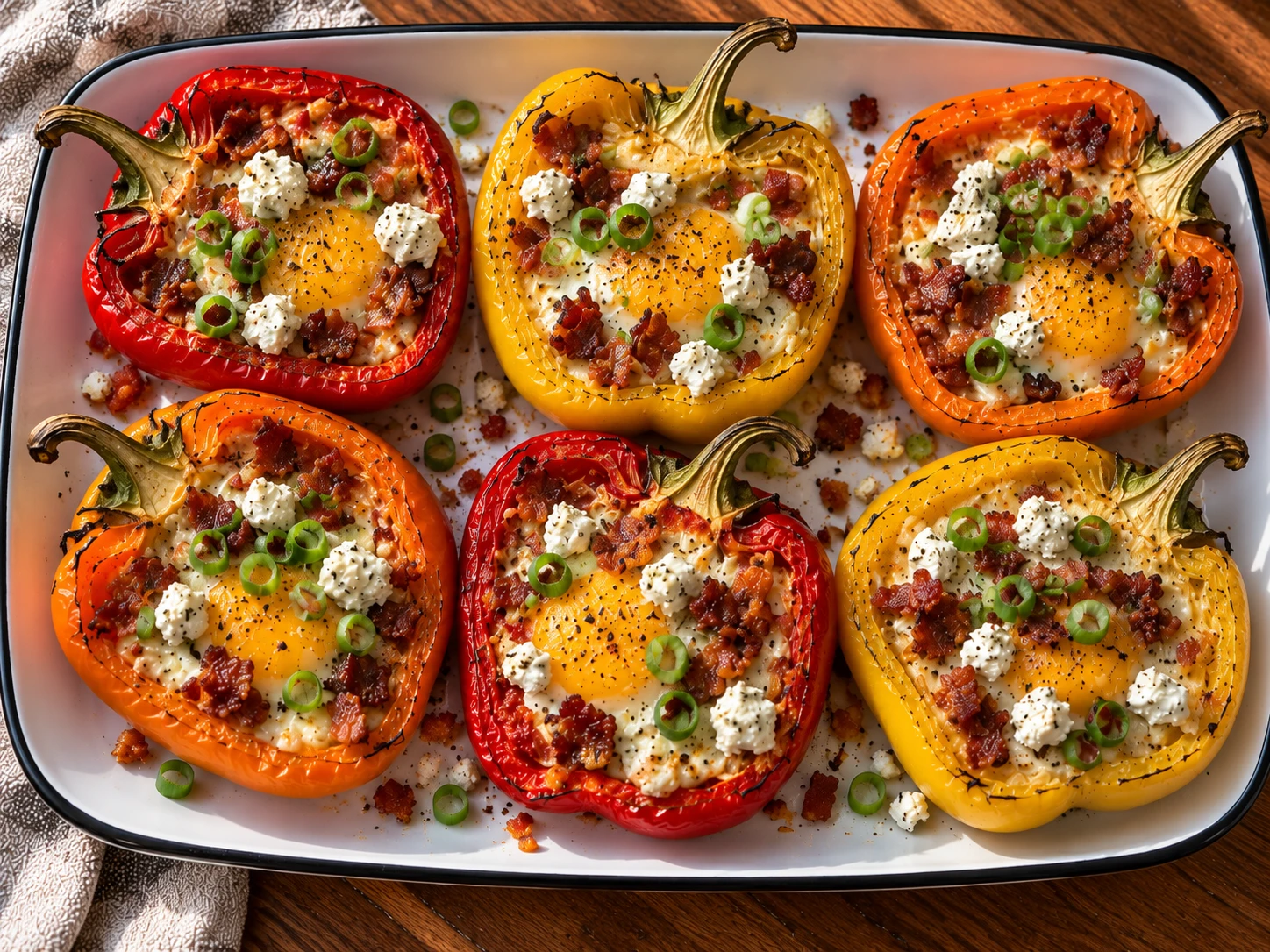 Bacon & Goat Cheese Breakfast Stuffed Peppers aerial view