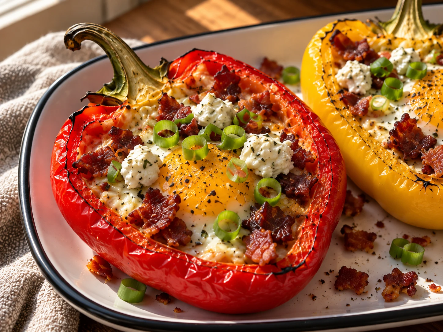 Bacon & Goat Cheese Breakfast Stuffed Peppers close up