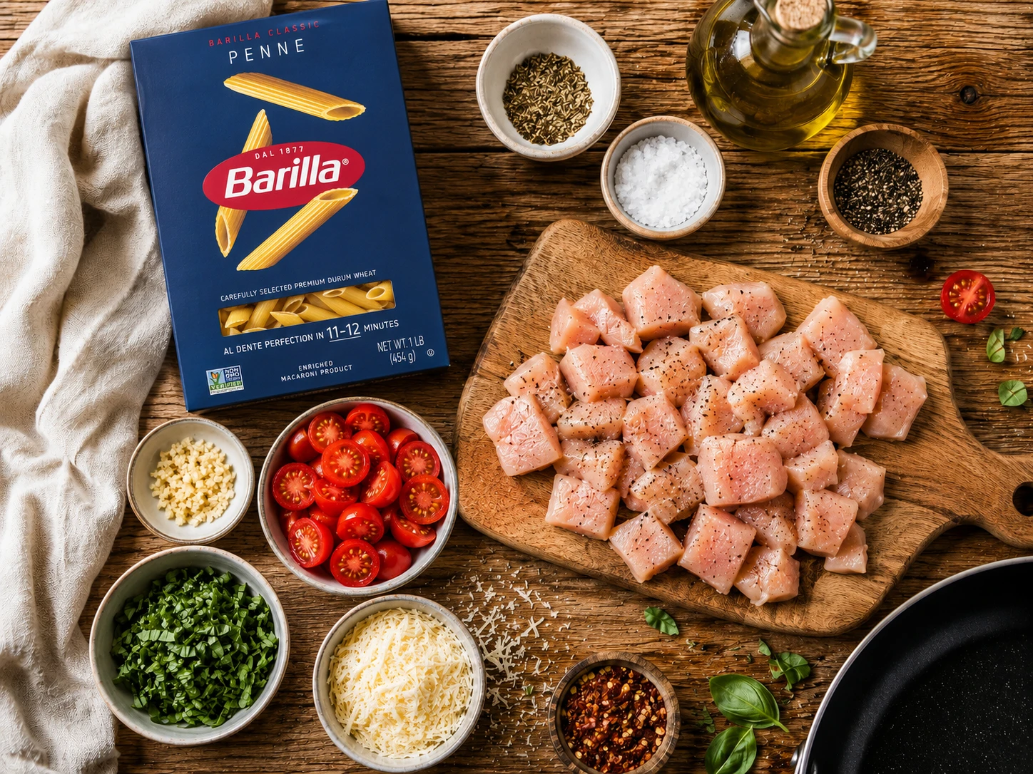 Bruschetta Chicken Pasta preparation