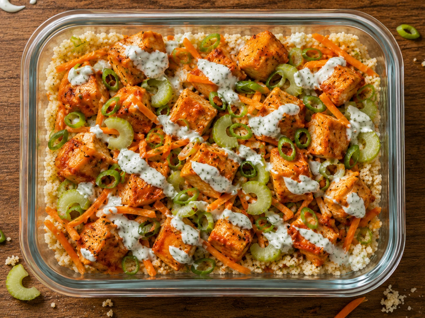 Buffalo Chicken Cauliflower Rice Bowls aerial view