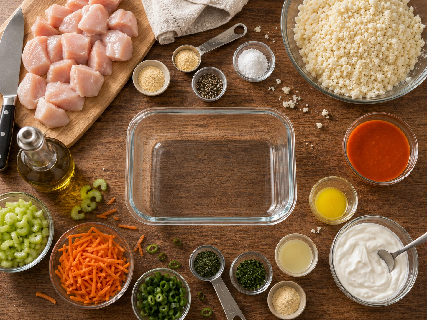 Buffalo Chicken Cauliflower Rice Bowls preparation