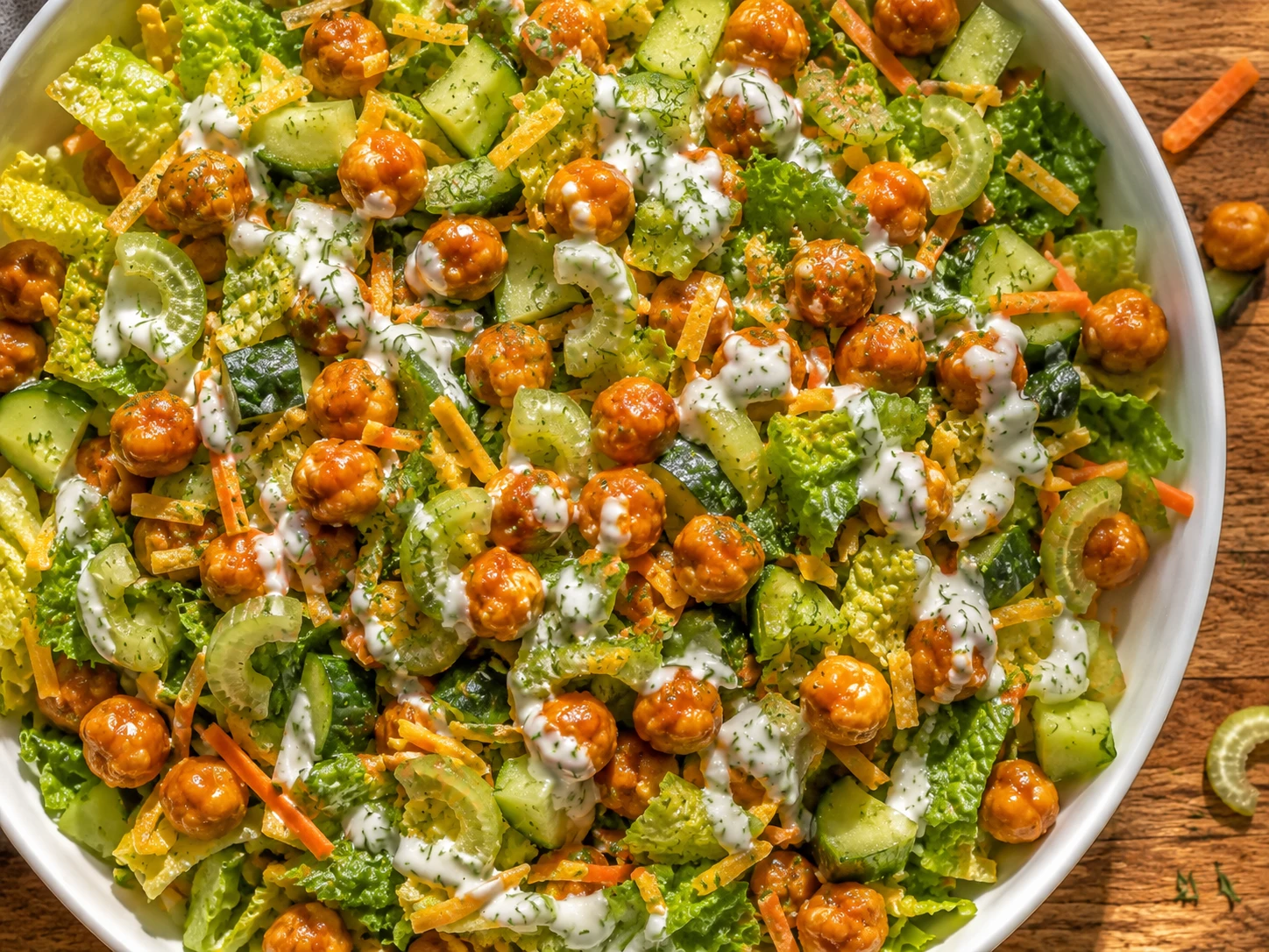 Buffalo Chickpea and Greek Yogurt Ranch Salad aerial view