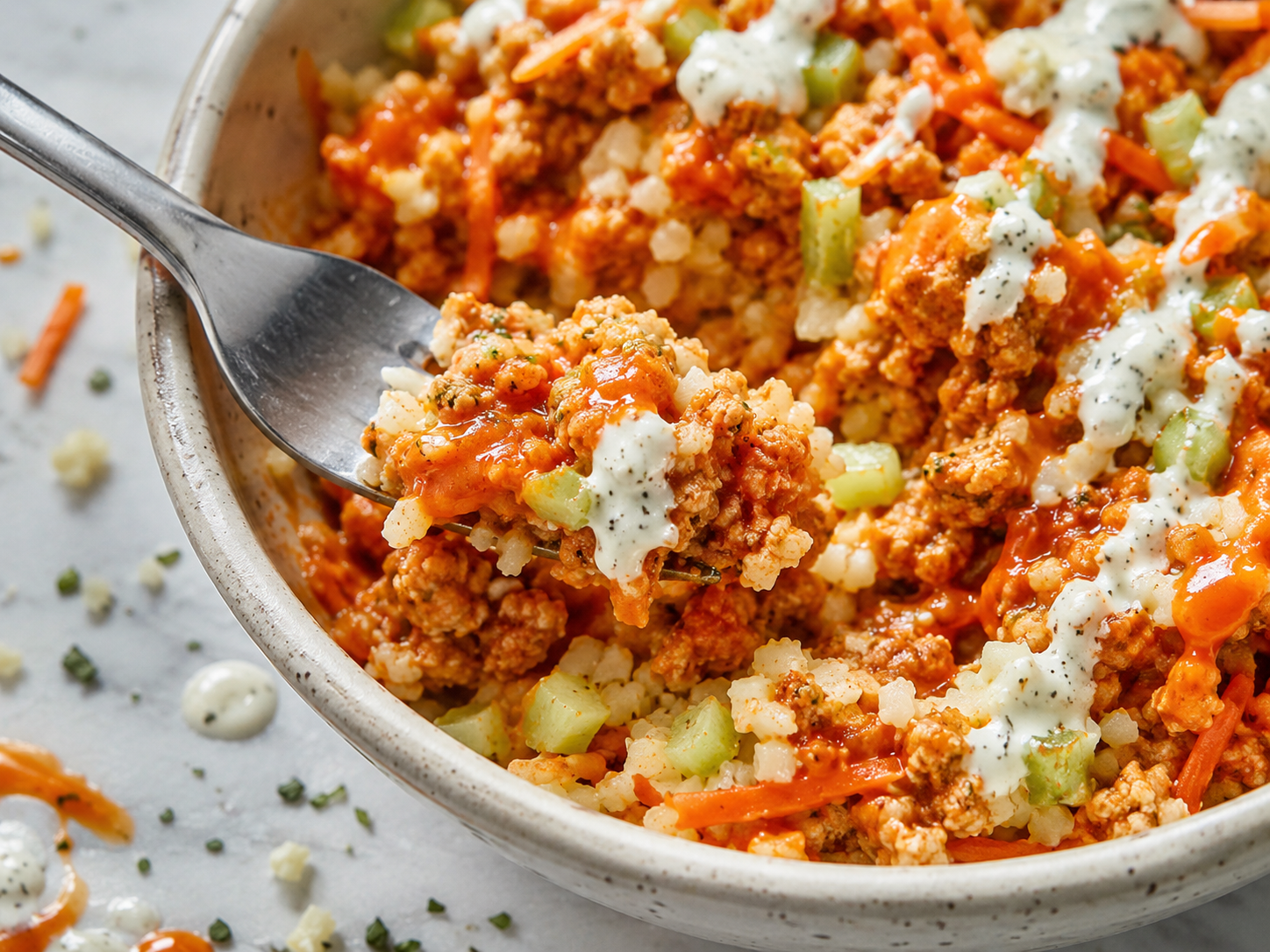 Buffalo Turkey Cauliflower Rice Bowls close up
