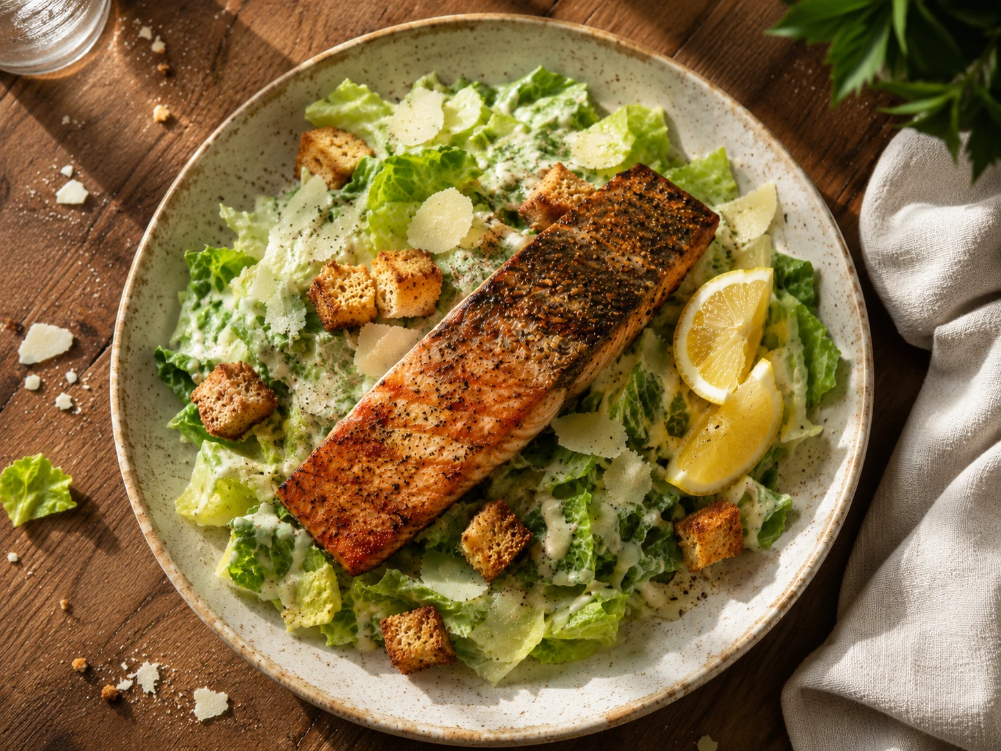 Caesar Salad with Pan-Seared Salmon aerial view