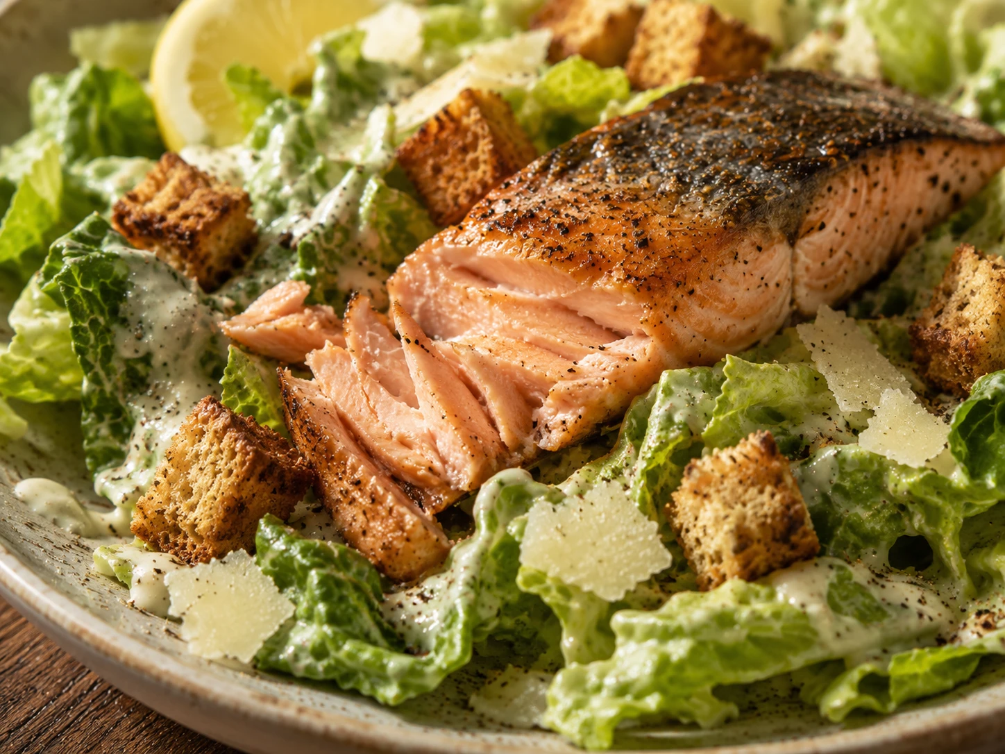 Caesar Salad with Pan-Seared Salmon close up