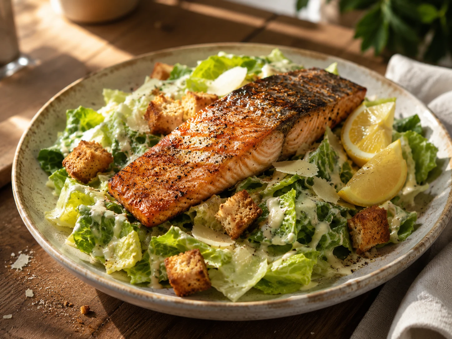 Caesar Salad with Pan-Seared Salmon