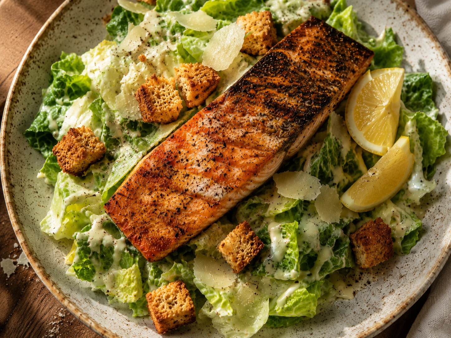 Caesar Salad with Pan-Seared Salmon preparation