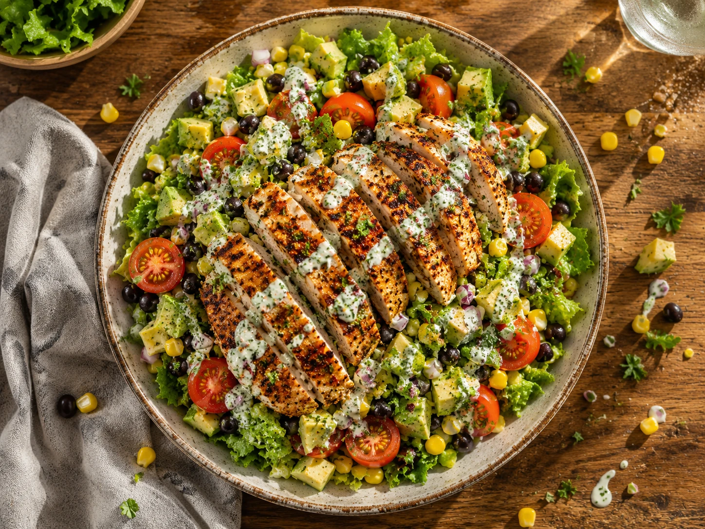 Cajun Chicken Corn Avocado Salad aerial view
