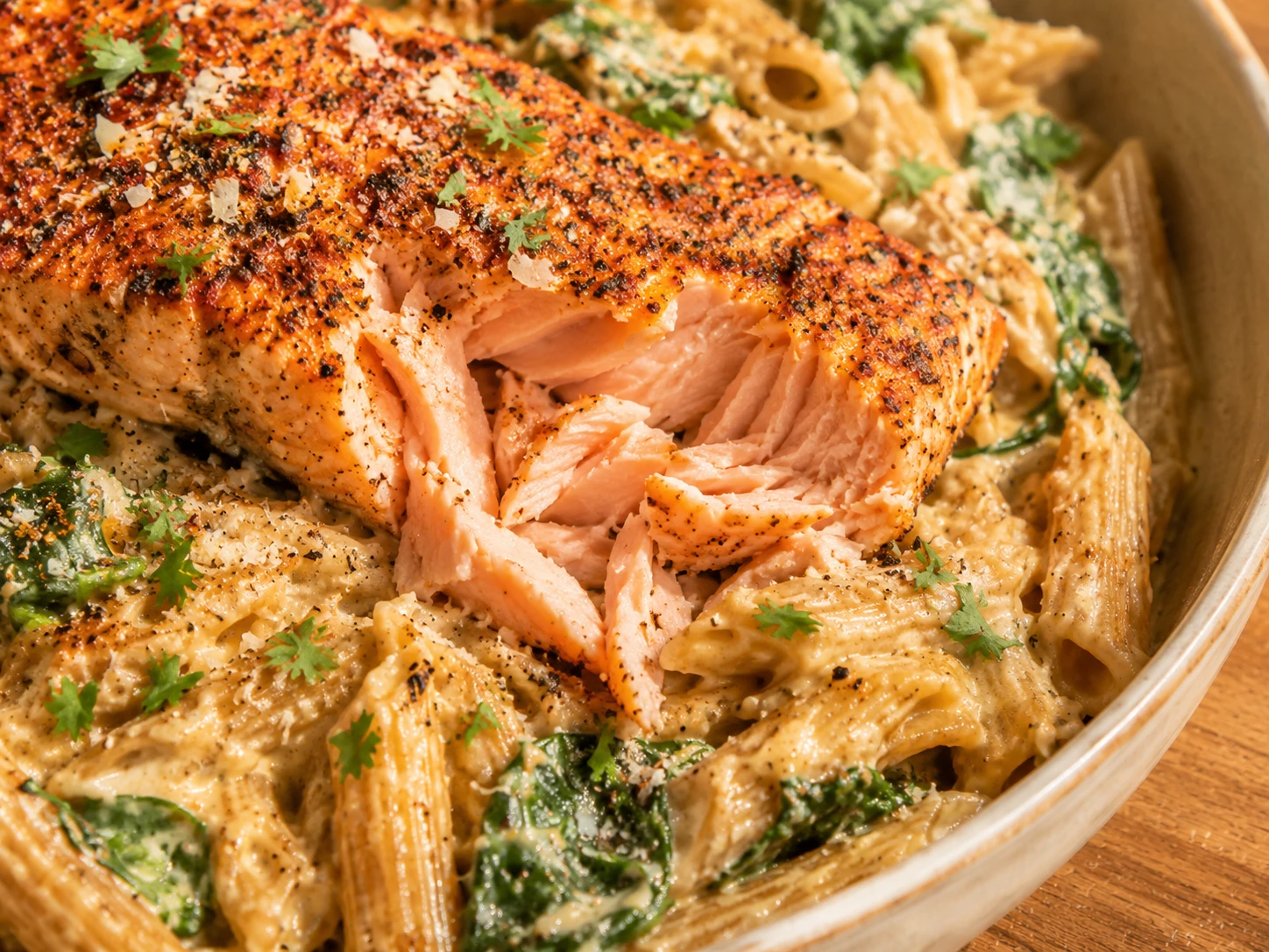 Cajun Salmon Protein Pasta close up
