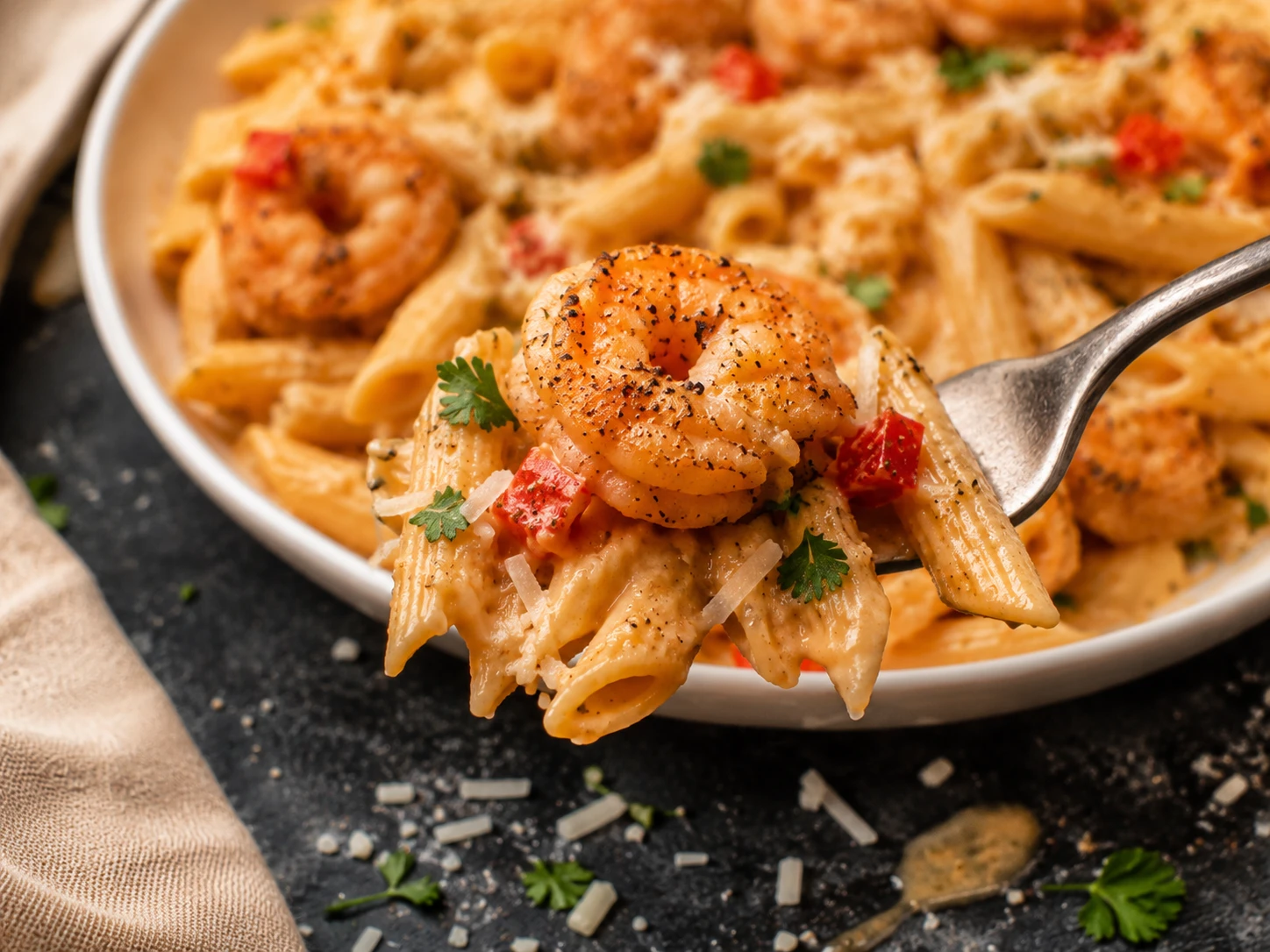 Cajun Shrimp Protein Pasta close up