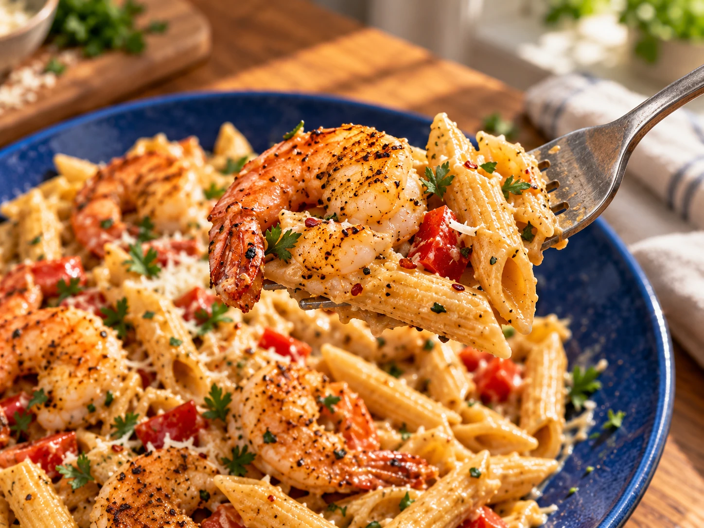 Cajun Shrimp Protein Pasta close up