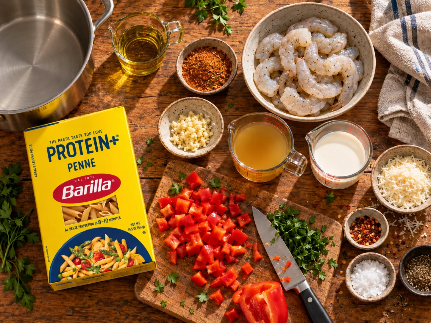 Cajun Shrimp Protein Pasta preparation