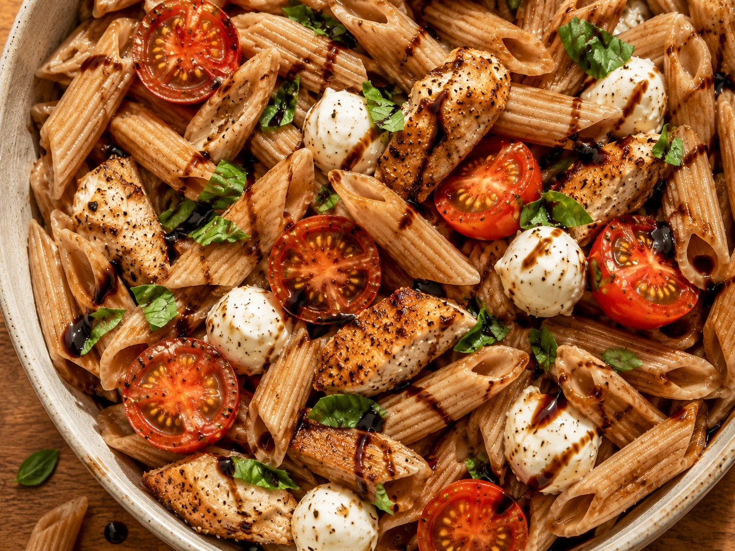 Caprese Chicken Pasta Bowl aerial view