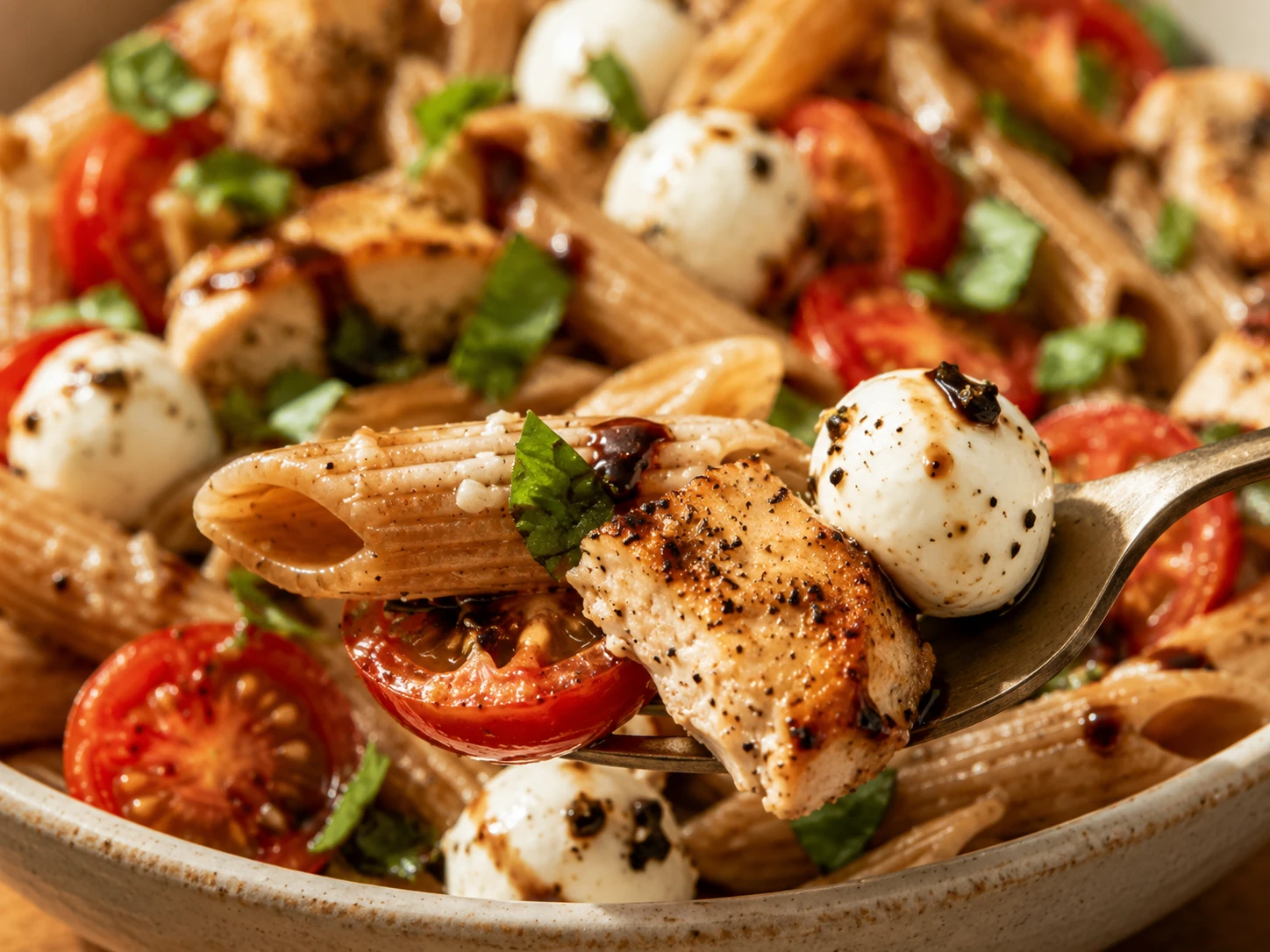 Caprese Chicken Pasta Bowl close up