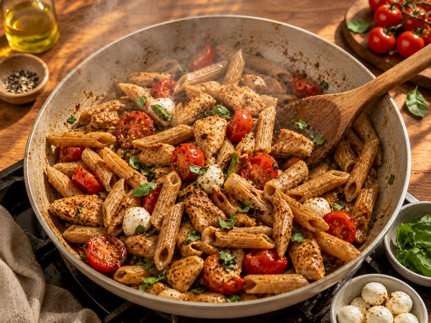 Caprese Chicken Pasta Bowl preparation