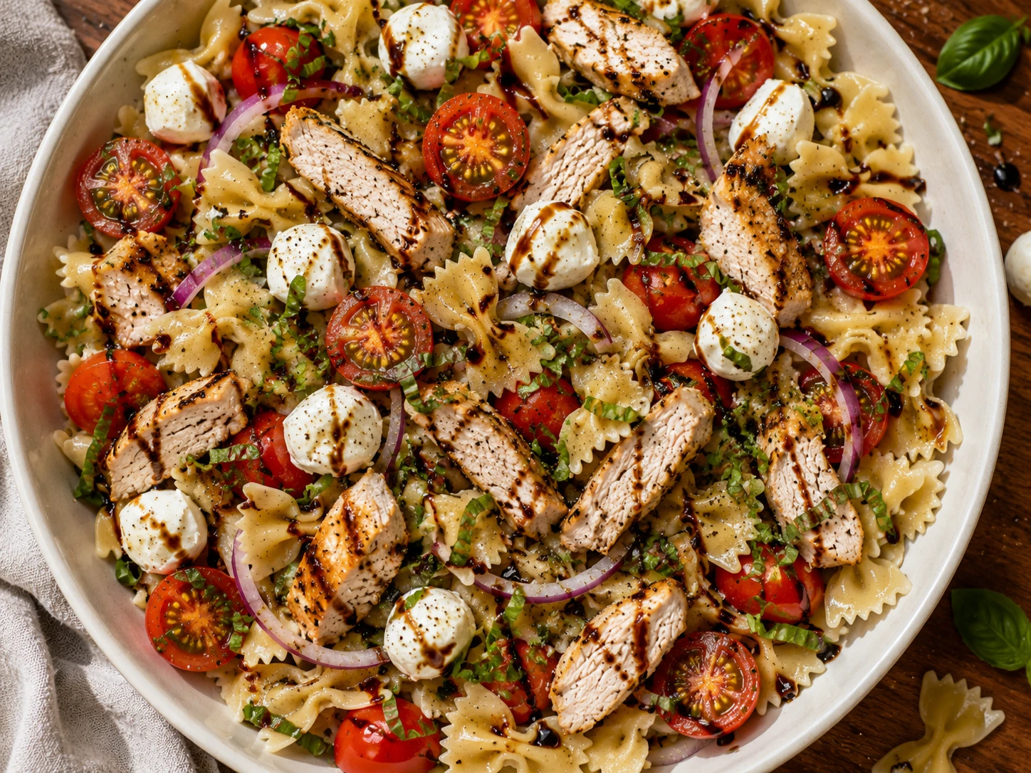 Caprese Chicken Pasta Salad aerial view