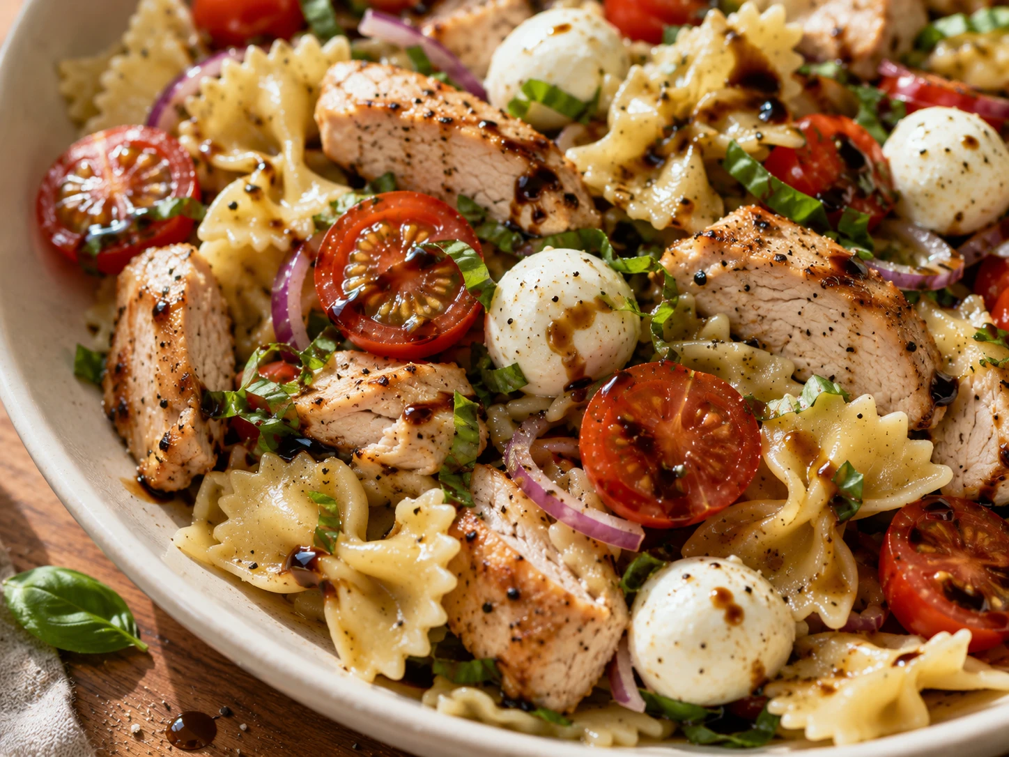 Caprese Chicken Pasta Salad close up
