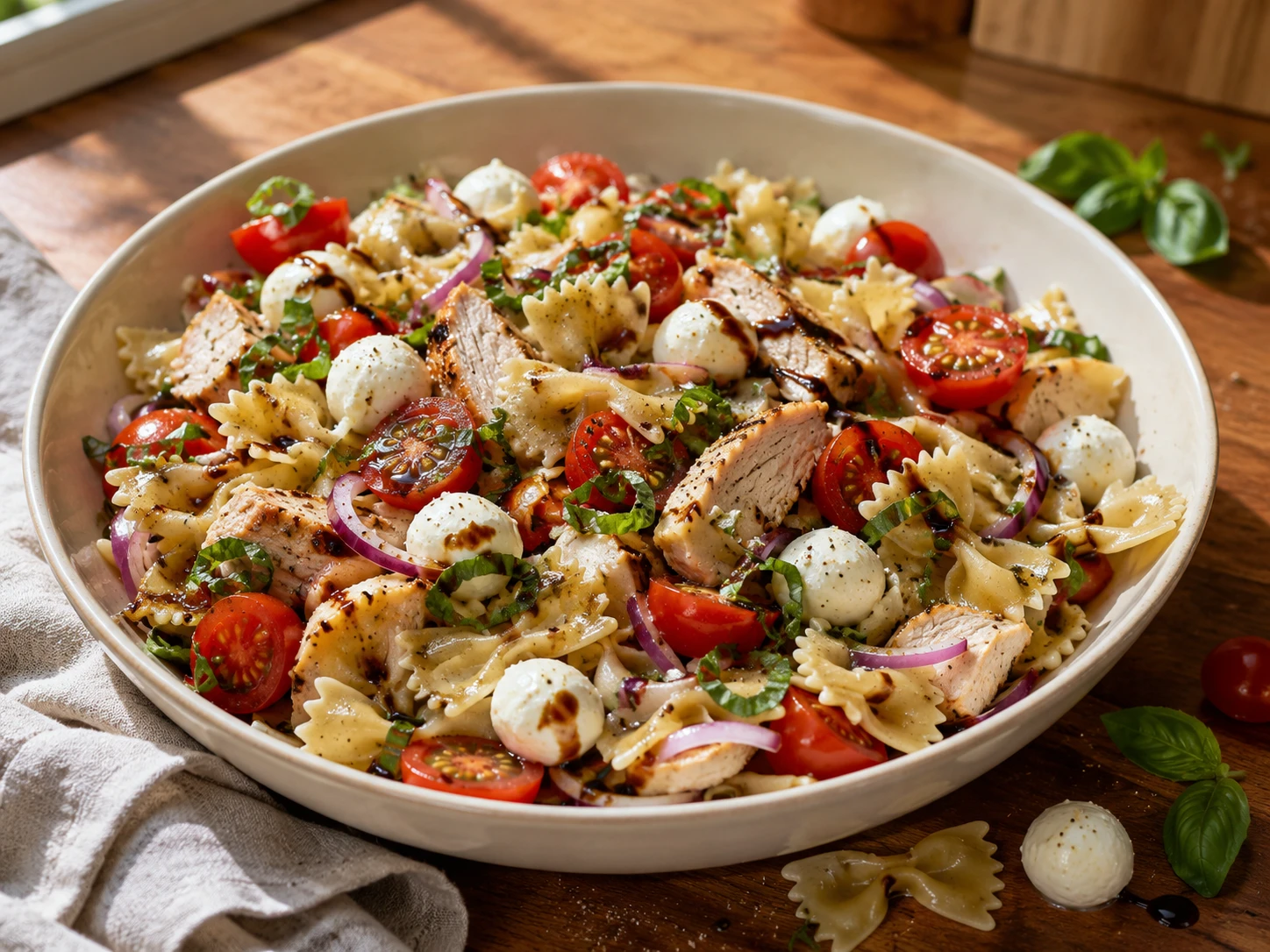 Caprese Chicken Pasta Salad preparation