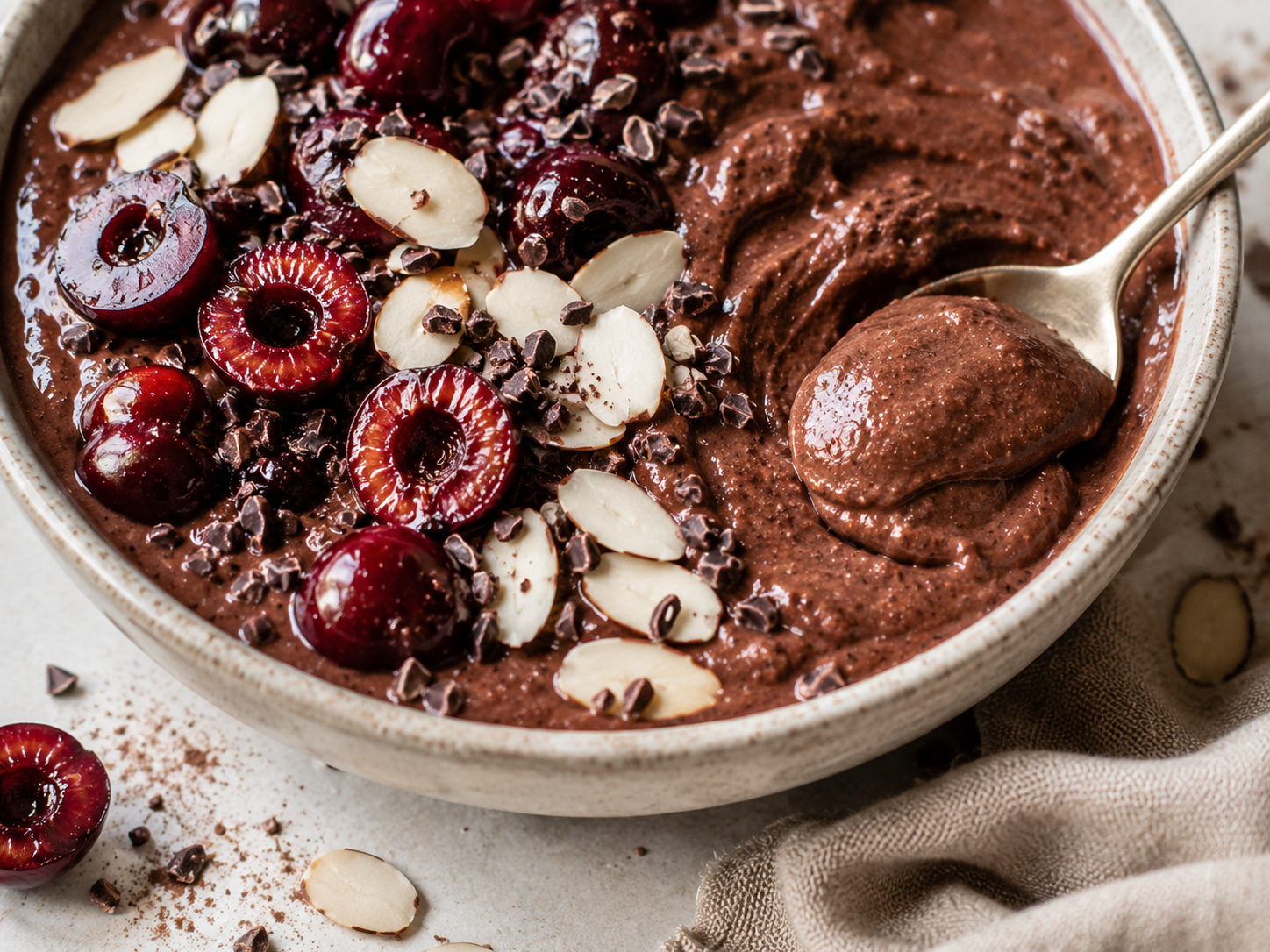 Cherry Chocolate Protein Smoothie Bowl close up