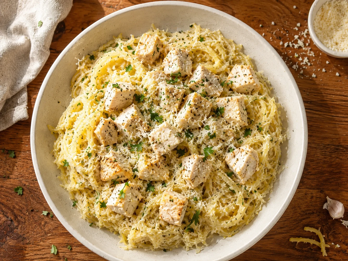 Chicken Alfredo Spaghetti Squash aerial view