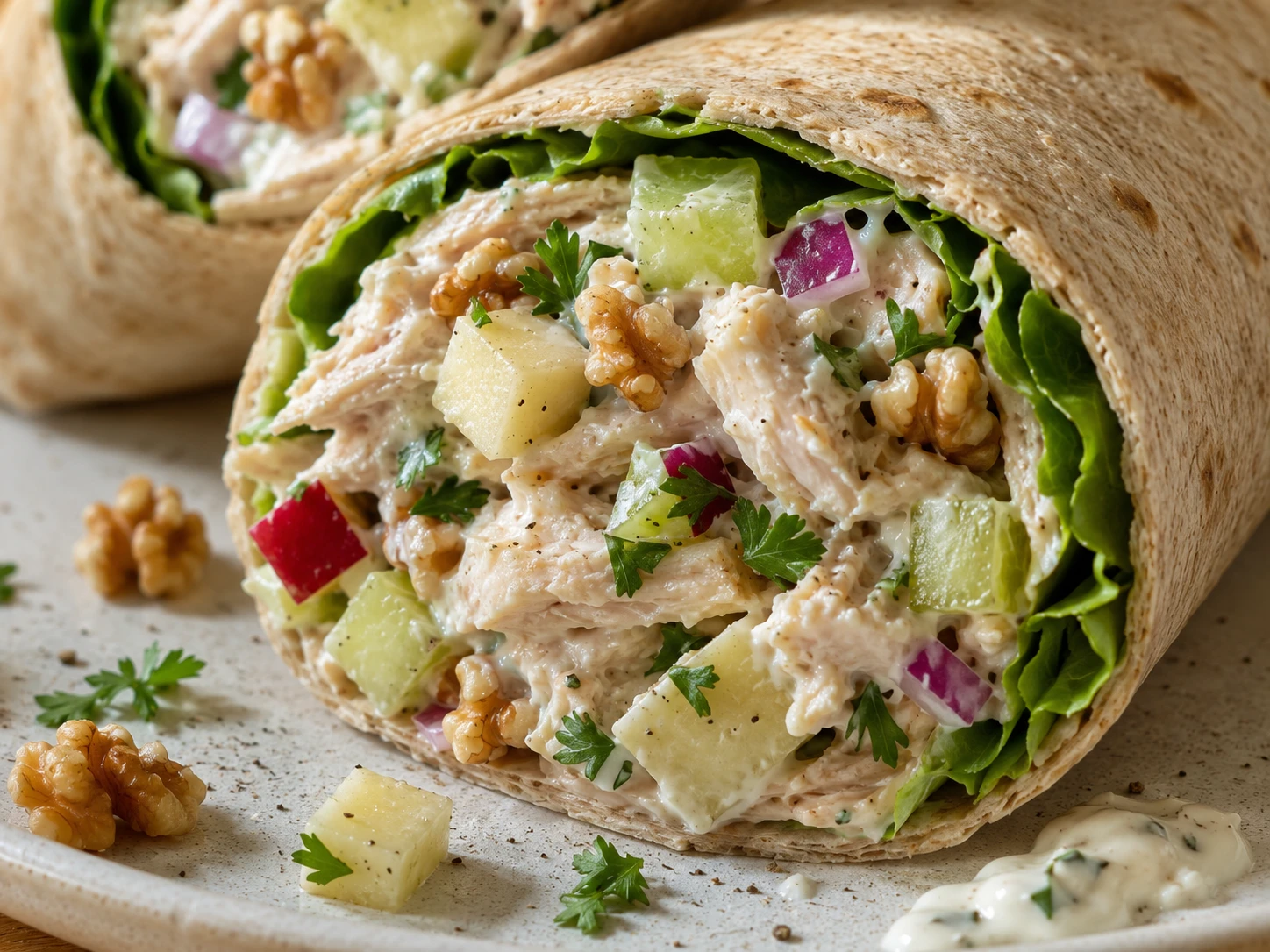 Chicken Apple Walnut Salad Wrap close up