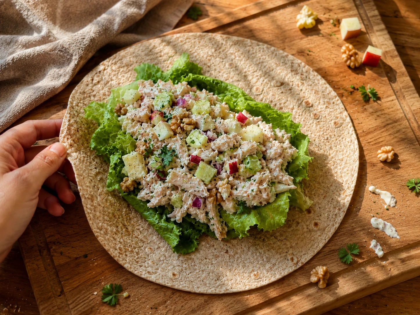 Chicken Apple Walnut Salad Wrap preparation